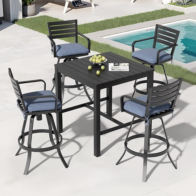 Pellebant 29.5" Outdoor Bar Stools Set of 2, Rust-Proof Aluminum Swivel Patio Chairs Bar Height with Back & Footrest, Tall Metal Barstools for Outside Deck Lawn Garden, Spectrum Denim