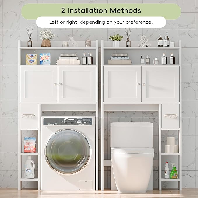 MU Over The Toilet Storage Cabinet with Doors, 32" Bathroom Storage Organizer with Side Shelves, Space-Saving Toilet Storage Rack for Bathroom, Laundry (White)