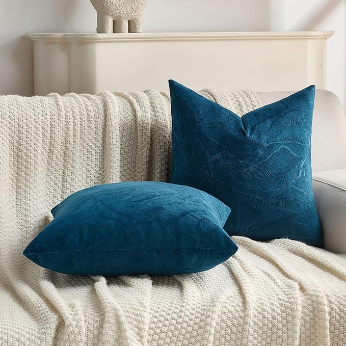 FUTEI Navy Blue Velvet Throw Pillow Covers 16x16 Inch Set of 2,Soft Embossed Leaf-Relief Textured Cushion Cases,Natural Home Decor for Couch Living Room