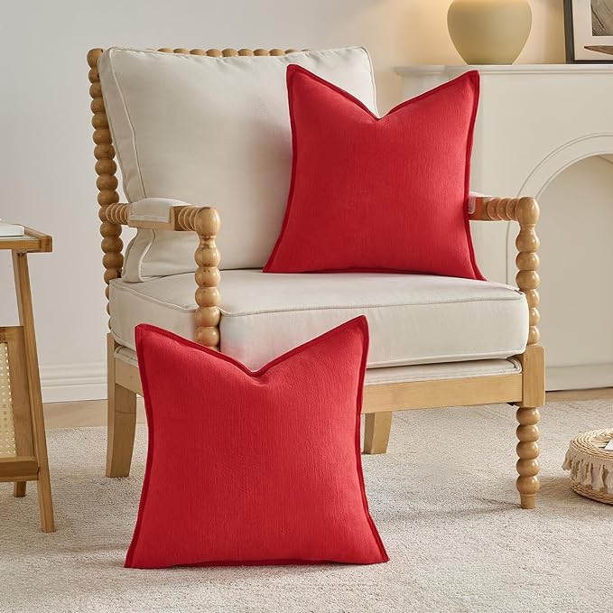 FUTEI Christmas Red Chenille Throw Pillow Covers 18x18 Inch Set of 2,Edges Double-Stitched Cushion Cases,Modern Home Decor for Couch Living Room