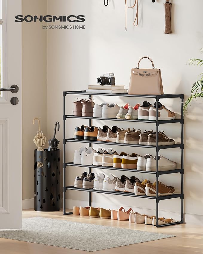 SONGMICS Shoe Rack, 5-Tier Shoe Organizer, Metal Storage Shelf, Upright or Upside Down, for 20-25 Pairs, Stackable, for Entryway, 11.8 x 36.2 x 35.4 Inches, Black ULSA305BH01