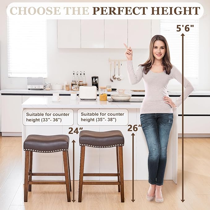 PrimeZone Counter Height Bar Stools Set of 6 - Backless Saddle Barstools with 4.3" Thick Upholstered, Nailhead Trim Faux Leather & Solid Wood Legs, 26 Inch Counter Stools for Kitchen Island, Brown