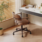Home Office Desk Chair, Mid-Century Style Desk Chair with Padded Arms, Adjustable Seat Height, Mid Back 360° Small Computer Chair with Mobile Mute Wheel, PU Leather (Brown)