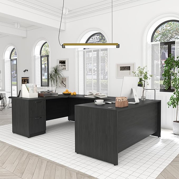 100.4" U-Shaped Executive Computer Desk with Lockable File Cabinets, Large Home Office or Business Workstation with Drawers, Cable Management (Gray)