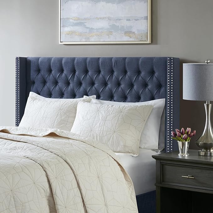 Madison Park King Button Tufted Headboard, Adjustable Upholstered Wingback Headboard, Nailhead Trim, Wooden Frame, Black Metal Legs, Flush Flat Back, Vintage Bedroom Décor - Navy Amelia