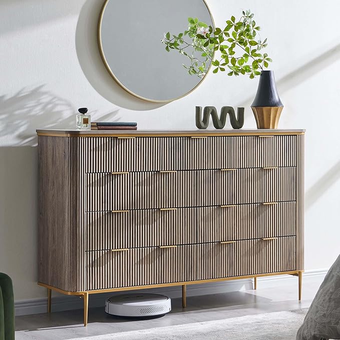 T4TREAM Fluted 9 Drawers Dresser for Bedroom, 54" Wide Modern Dresser TV Stand, Gold Accents, Curved Profile, Wood Storage Dressers Organizer for Bedroom, Living Room, Alder Grey