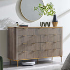 T4TREAM Fluted 9 Drawers Dresser for Bedroom, 54" Wide Modern Dresser TV Stand, Gold Accents, Curved Profile, Wood Storage Dressers Organizer for Bedroom, Living Room, Alder Grey