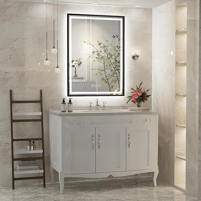 LED Bathroom Mirror, 20x28 Inch Frontlit & Backlit Black Framed Lighted Mirror,Wall Mouted Vanity with Lights,Double Lights Strips,Anti Fog Stepless 3 Colors Temperature & Dimmable