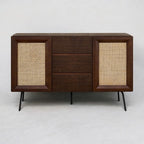 NTC MOSSIC Sideboard with 2 Doors and 3 Drawers, Buffet Cabinet with Natural Rattan and Metal Legs, Modern Storage Cabinet for Living Room, and Hallway, Effortless Assembly - Dark Walnut