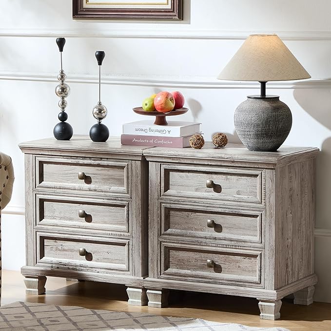 Farmhouse Nightstand Set of 2, Rustic Accent End Table with 3 Drawers & 4 Square Solid Wood Legs, Vintage Bed Side Table with Storage, Small Dresser for Bedroom, Living Room, Grey