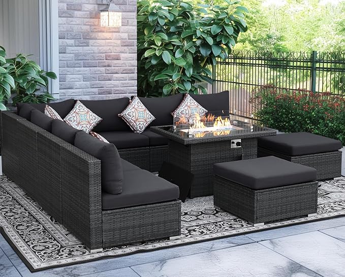 NICESOUL 10 Piece Contemporary Patio Furniture Set with Firepit Table Natural Gas/Propane, 29.3'' High Backrest Outdoor Sofa Conversations, 9 Seats Deep Wide Seating Wicker Sectionals, Dark Gray