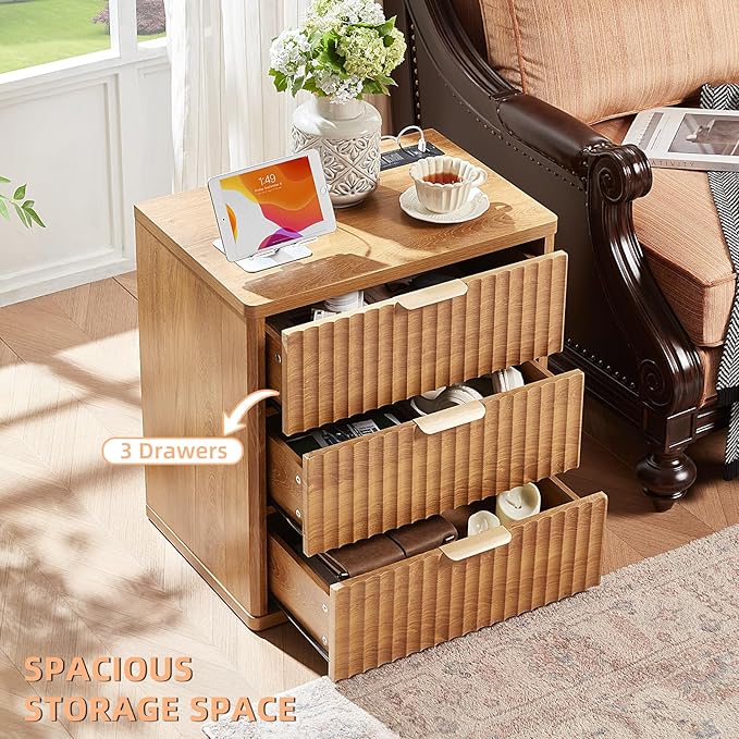 LEYAOYAO Fluted Nightstand with Charging Station, 23" Modern Night Stand with Woodgrain Top, 3 Drawers End Table w/Storage, Bedside Tables for Bedroom, Living Room, Curved Profile Design,Brown