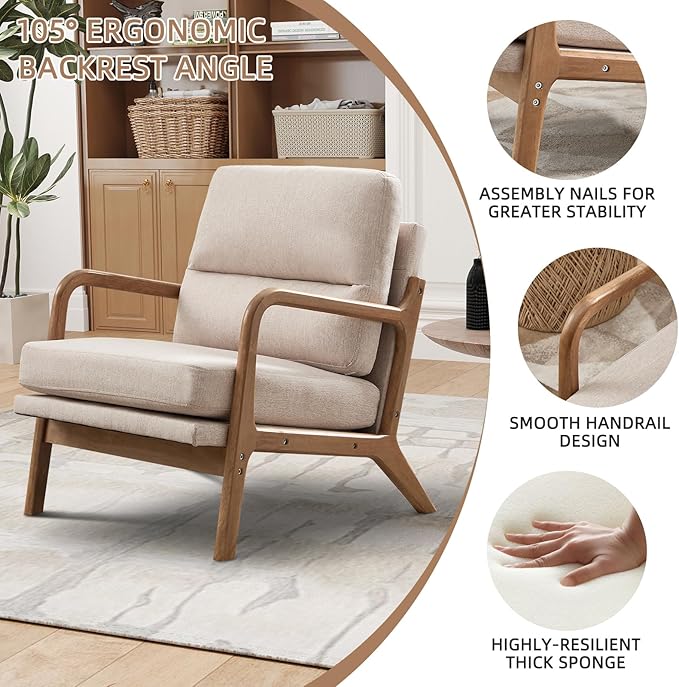 Mid Century Modern Accent Chair Set of 2, Linen Fabric Upholstered Lounge Arm Chair with Solid Wood Frame and Soft Cushion for Living Room, Bedroom, Balcony (1, Beige)