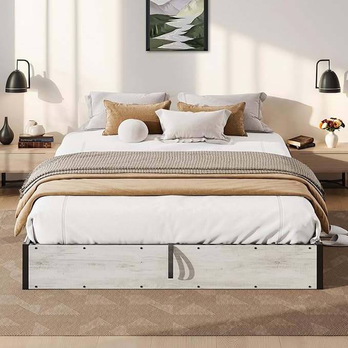 Lift Up Storage Bed Frame, King Size Wooden Platform Bed with Large Storage Underneath, No Box Spring Needed, Noise Free, Distressed White