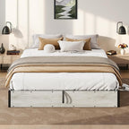 Lift Up Storage Bed Frame, King Size Wooden Platform Bed with Large Storage Underneath, No Box Spring Needed, Noise Free, Distressed White