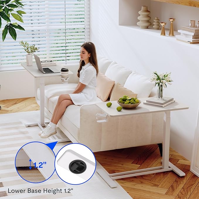 FLEXISPOT Adjustable C Table with Wheels, Mobile Snack Side End Table Sofa Couch Bedside Table Laptop Rolling Cart TV Tray Night Stand Small Space Side Table,(31.5" W x 17.7" D,White)