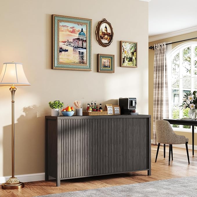 YOUDENOVA Fluted Buffet Cabinet with Storage, Modern Sideboard Cabinets with 4 Doors & Adjustable Shelves, Accent 56” Credenza Storage Cabinet, Wood Entryway Cabinet for Living Room Hallway, Grey