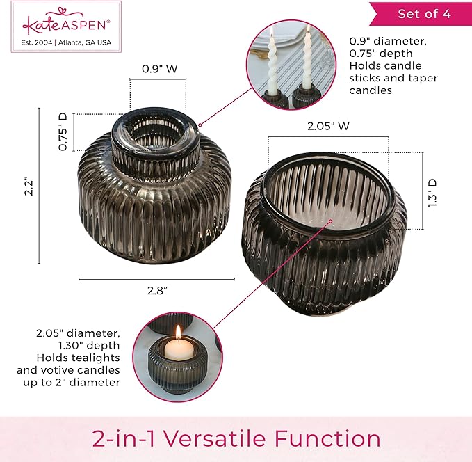 Kate Aspen Taper Candle Holders for Candlesticks, Smoke Grey Ribbed Glass Candlestick Holders Set of 4 - Candlestick Stand Decor, Fall Home Decor Accents, Modern Centerpieces, Black Candle Holder