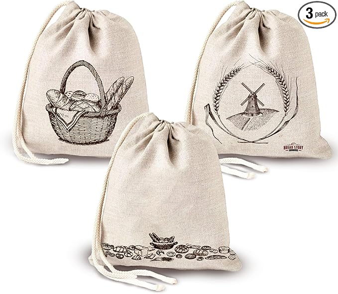 Linen Bread Bag – Reusable Linen Bags for Homemade Bread & Sourdough | Cloth Bags for Sourdough, Artisan Loaves, & Pastries | Unbleached Natural Fabric with Drawstring Closure, 3-Pack, 11 x 15"