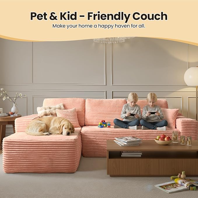 104" Cloud Sectional Couch with Chaise, Boneless L-Shaped Cloud Couch with Deep Seat, Soft Plush Modern Minimalist Sofa, Assembly Free Comfy Sofa for Office Living Room Apartment(Pink, Left Chaise)