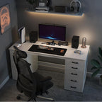 WOPITUES 60" Modern Home Office Desk with 10 Wooden Drawers, Computer Writing Desk with Power Outlets, Large Executive Desk with Storage Cabinet for Work Study Writing Craft, Pure White