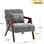 Mid-Century Modern Accent Chair with Solid Wood Frame，Upholstered Chenille Living Room Arm Chairs with Pillow for Bedroom, Living Room, Reading Room, Balcony, Grey