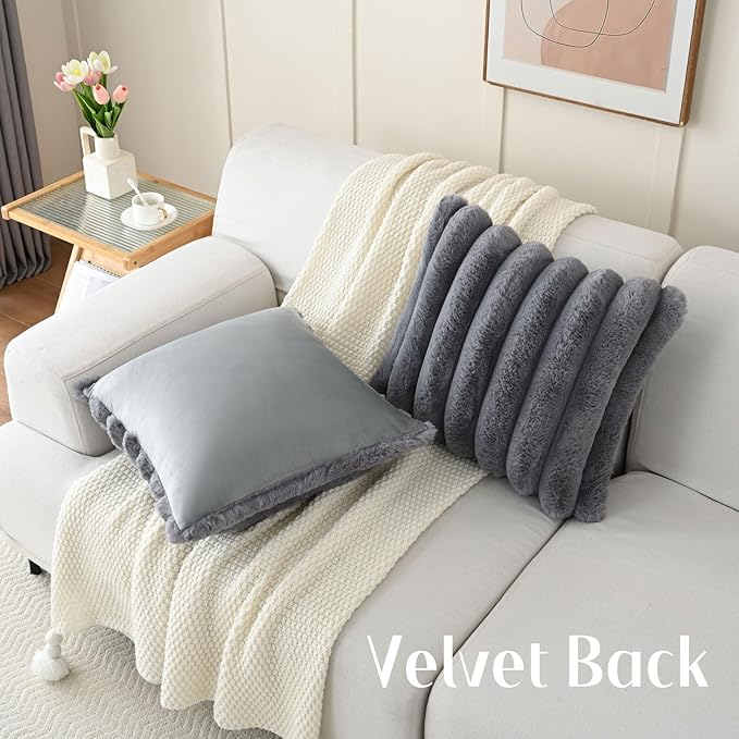 FUTEI Grey Decorative Throw Pillow Covers 26x26 Inch Set of 2, Square Soft Faux Rabbit Fur Thick Striped Euro Pillow Shams,Winter Home Decor for Couch Bed Living Room