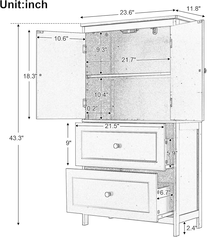 Tall Storage Cabinet, Bathroom Floor Freestanding Storage Cabinet with 2 Doors and 2 Drawers for Bathroom, Office, Living Room, White