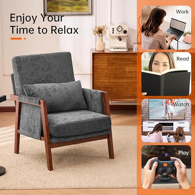 Accent Chair Mid-Century Modern with Lumbar Support Pillow, Upholstered Living Room Chairs with Wooden, Chenille Armchair with Cushion, Anthropologie Side Chair for Bedroom, Dark Grey
