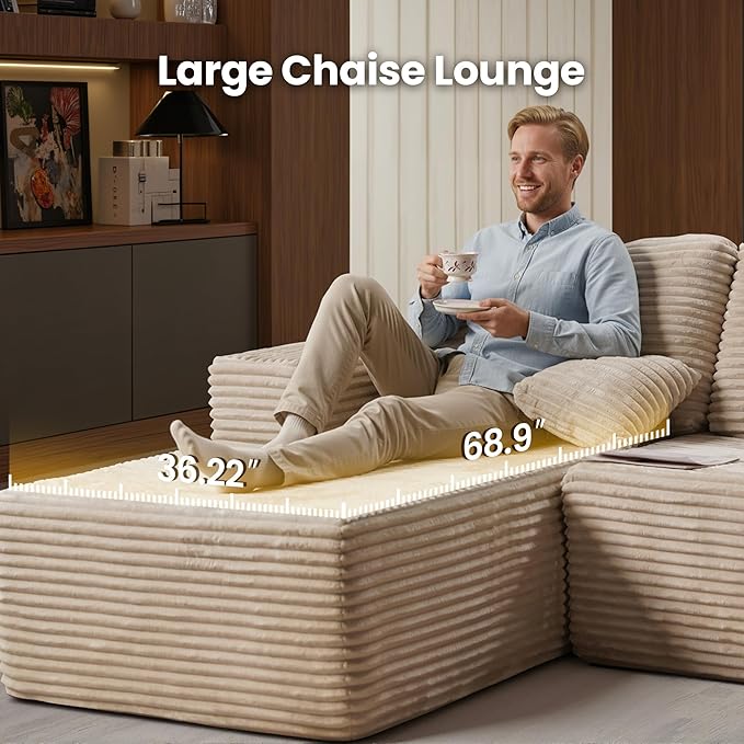 Cloud Sectional Couch with Chaise, Boneless U-Shaped Cloud Couch with Deep Seat, Soft Plush Modern Minimalist Sofa, Assembly Free Modular Floor Sofa for Office Living Room Apartment, Beige