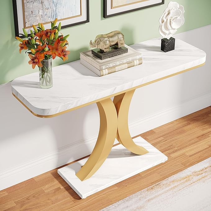 Tribesigns Modern Gold Console Table, 40 inch Narrow Entryway Foyer Table with Geometric Base, Rustic Hallway Accent Table for Living Room, Entrance, White and Gold