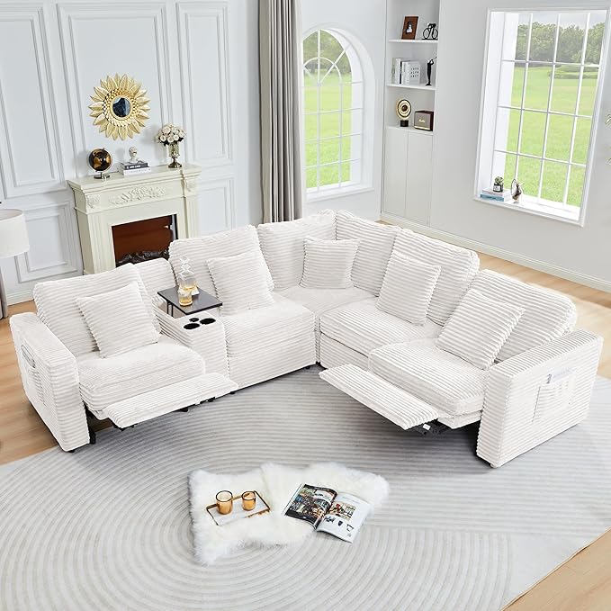 ORRD Power Reclining Sectional Sofa, Electric 3 Seat Recliner with 1 Electric Footrest and Adjustable Headrest, Modern Plush Corduroy Fluffy Reclining Sectional with Deep Seat for Living Room-White