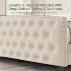 LARMACE King Size Bed Frame Velvet Upholstered Platform Bed with Wingback Headboard & Footbaord, Deep Button Tufted Bed Frame with Wood Slats Support, No Box Spring Needed, Beige