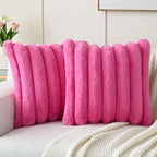FUTEI Hot Pink Decorative Throw Pillow Covers 18x18 Inch Set of 2, Square Soft Faux Rabbit Fur Thick Striped Cushion Cover,Winter Home Decor for Couch Bed Living Room