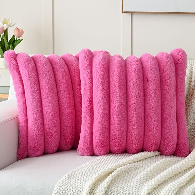 FUTEI Hot Pink Decorative Throw Pillow Covers 18x18 Inch Set of 2, Square Soft Faux Rabbit Fur Thick Striped Cushion Cover,Winter Home Decor for Couch Bed Living Room
