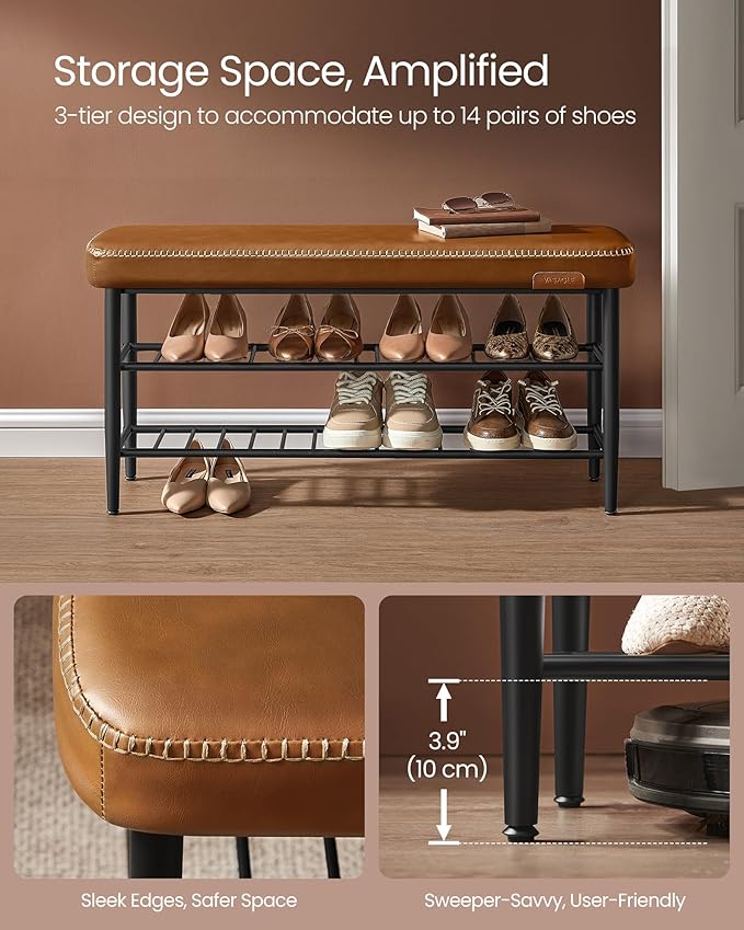 VASAGLE EKHO Collection - Shoe Rack Bench, Storage Bench for Entryway, Synthetic Leather with Stitching, Mid-Century Modern, Loads 300 lb, 11.8 x 39.4 x 19.7 Inches, Caramel Brown ULSB113K01