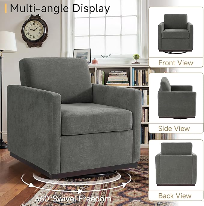 Pia Ricco Single Swivel Barrel Chair, Mid-Century Modern Accent Armchair with Plush Chenille Upholstery for Living Room & Cozy Reading Nook, Dark Gray
