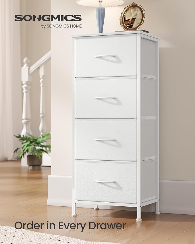 SONGMICS Dresser for Bedroom, Chest of Drawers, Steel, MDF, 4 Non-Woven Fabric Drawers, Storage Organizer Unit, Closet, Entryway, Cloud White and Snow White ULGS314W01S