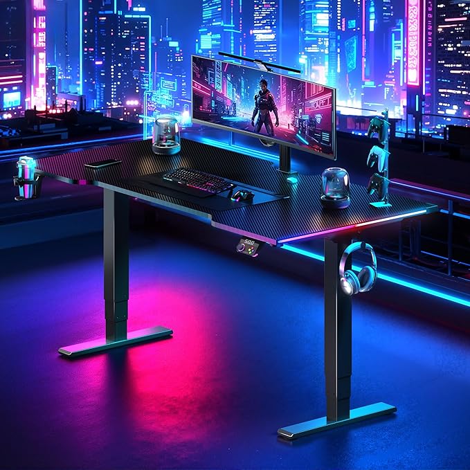 FLEXISPOT CyberX RGB LED Electric Gaming Standing Desk, 55 Inch Dual Motor 3-Stage Adjustable Desk up to 352 lbs, Large Ergonomic Computer Workstation for Gamers, Streamers & Home Studios (Black)