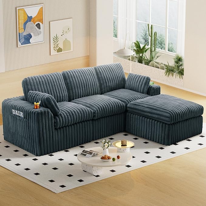 114" Cloud Boneless Sectional Couches for Living Room, Modular Sectional Sofa with Cup Holder, Cozy Fluffy L Shaped Deep Seat Boneless Couch with Storage Pocket, No Assembly Required, Grey