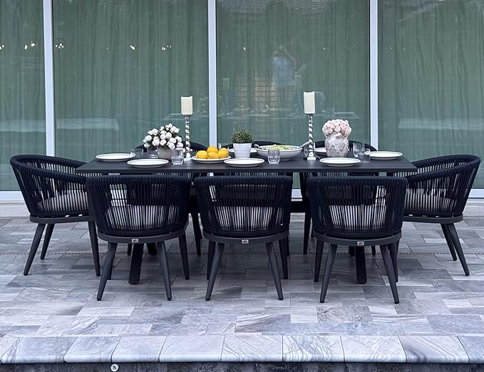 PURPLE LEAF Outdoor Dining Set for 8 All-Weather 9 Pieces Patio Aluminium Dining Table and Rope Weave Chairs Included Cushions for Backyard Indoor Decor Kitchen Patio Furniture Set Grey and Navy