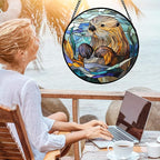 Stained Glass Suncatcher, Blue Ocean Cute Sea Otter Sun Catcher Stain Glass Window Hanging Decoration Mother's Day Birthday Gifts for Women Men Mom Nana 11.8 in