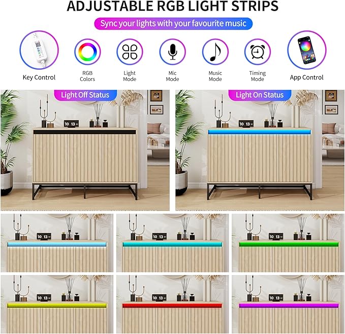Fluted Sideboard Buffet Cabinet with Storage Wood Storage Cabinet with Doors and Adjustable Shelves LED Light, Modern Credenza for Kitchen, Dining Room, Living Room, Entryway (59" Oak, 1)