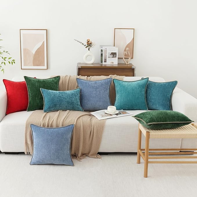 decorUhome Chenille Soft Throw Pillow Covers 18x18 Set of 2, Farmhouse Velvet Neutral Decorative Euro Pillow Covers with Stitched Edge for Couch Sofa Bed Home Decor, Teal