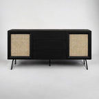 NTC MOSSIC Large Sideboard with 2 Doors and 3 Drawers, Buffet Cabinet with Natural Rattan and Metal Legs, Modern Storage Cabinet for Living Room, and Hallway, Effortless Assembly - Burnt Black