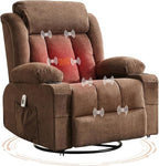 Rocking Recliner Chair with Heat and Massage, Nursery Recliner 360° Swivel Oversized Chairs for Adults, Lazy Boy Single Sofa Seat with 3 Positions, 2 Side Pockets, Cup Holders, and USB Ports, Brown