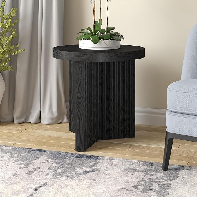 Henn&Hart 22" Fluted Scandinavian Round End Table, Ribbed Side Table, Nightstand for Living Room, Office, Family Room, or Bedroom, Black Grain