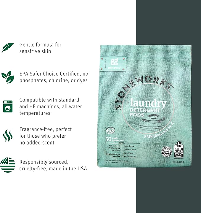 Grab Green Stoneworks Laundry Detergent Pods Sample Kit, 10 Count, Birch Branch, Fragrance Free Rain, Oak Tree, Olive Leaf, Rose Petal Scents, Plant a Tree