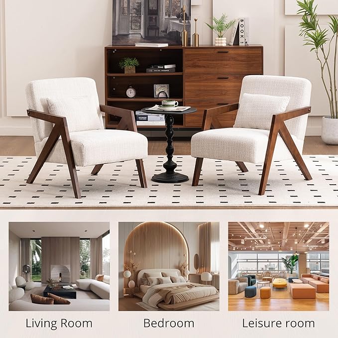 Mid-Century Modern Accent Chair with Solid Wood Frame，Upholstered Chenille Living Room Arm Chairs with Pillow for Bedroom, Living Room, Reading Room, Balcony, Beige