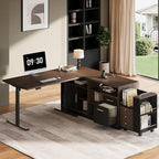 67" L-Shaped Electric Standing Desk with File Cabinet, 1.18" Desktop, Adjustable Height Executive Table, Stand Up Desk with 3 Drawers Rolling Filing Cabinet, for Home and Office, Black Walnut